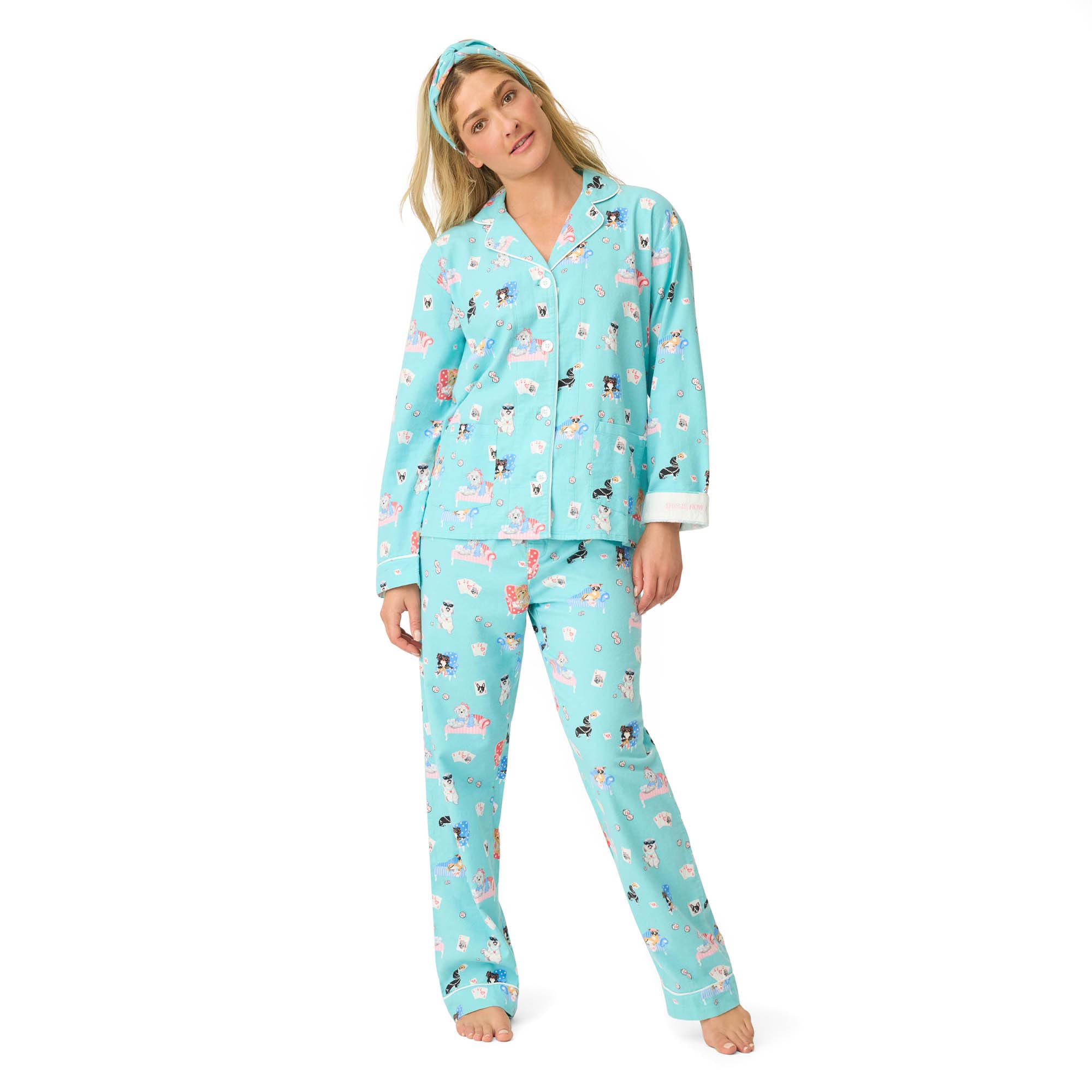 PJ Salvage Women's Cotton Flannel Long-sleeve Top, Pant and Headband 3-piece Pajama Set