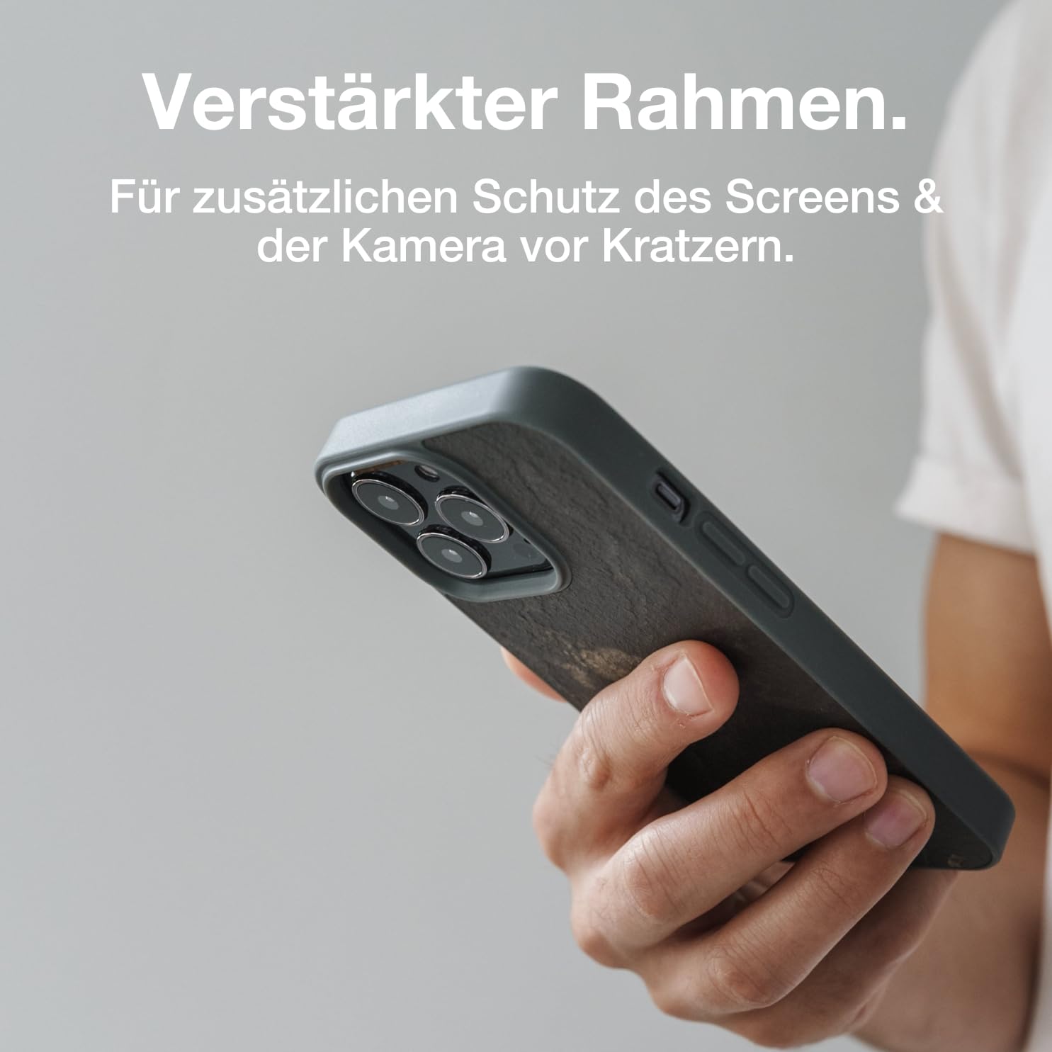 Woodcessories - Magnetisches Bumper Case für iPhone 16 Pro kompatibel mit MagSafe, Hülle mit Magnet aus Stein, Camo Grau