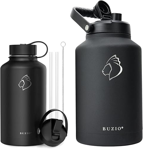 BUZIO Botella de agua de acero inoxidable aislada al vacío de 64 onzas con jarra BUZIO de 15 galones frasco de agua de doble pared sin BPA con bolsa