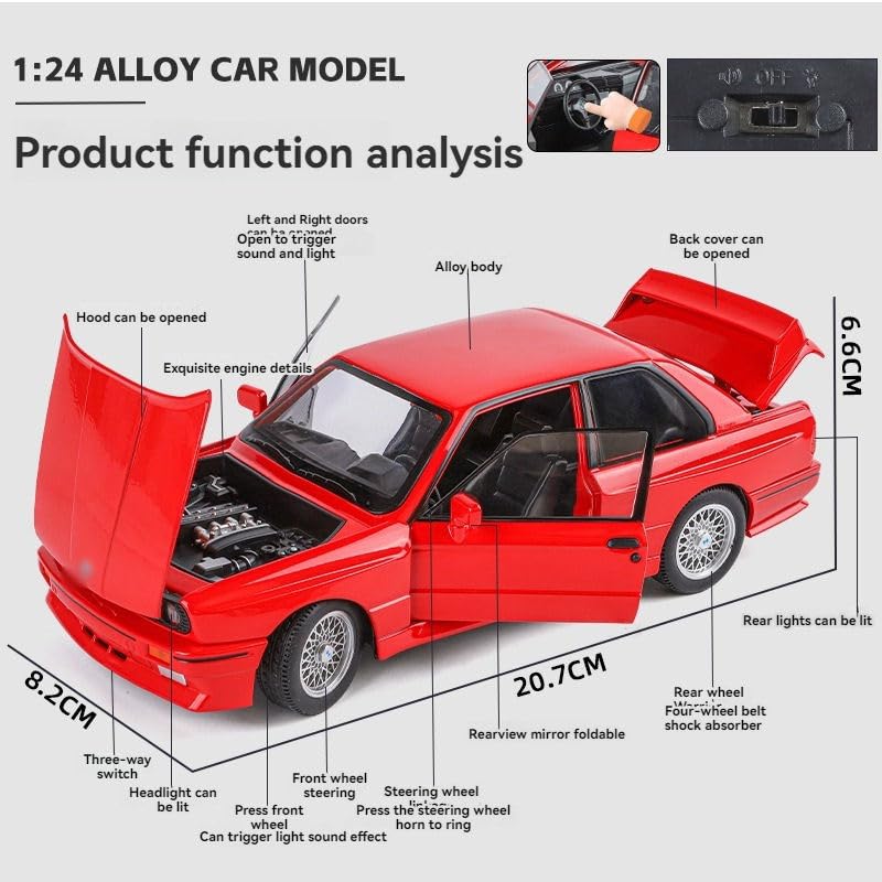 Image of Big Size B-M-W M3 E30 1988 1:24 diecast Metal Pullback Toy car with openable Doors & Light, Music Boys car for Kids Best Toys Gifts Toys for Kids (Red Color)