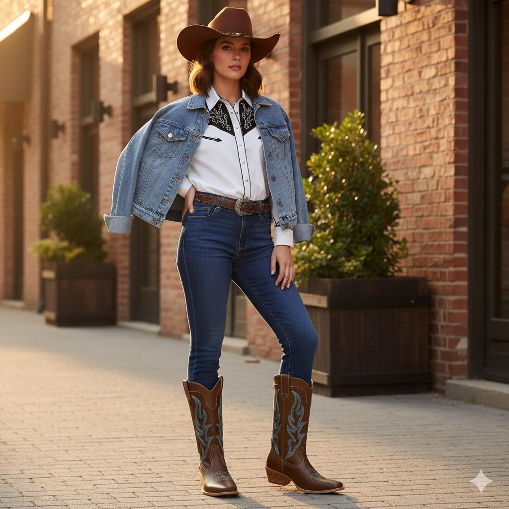 IDIFU IN2 Cowboy Boots for Women Mid Calf Cowgirl Boots Embroidered Western Boots Chunky Low Heel Pointed Toe Country Boots Cute Fashion Booties for Women Dress Wedding Heeled Boots - Image 2