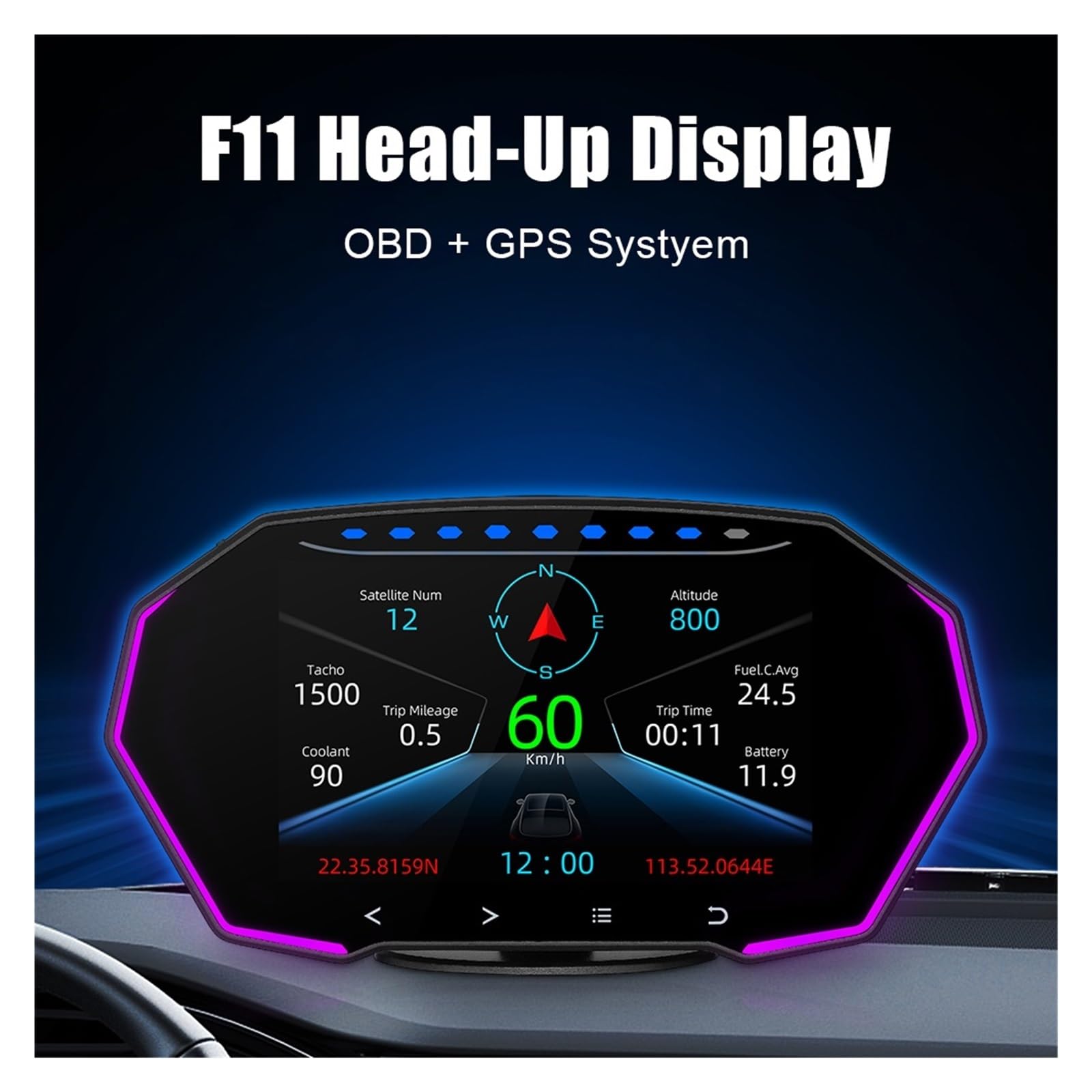 Compteur De Vitesse GPS HUD For Voiture, Affichage Tête Haute F11, Outils De Diagnostic, Compteur De Vitesse, KMH MPH, Testeur, Horloge Numérique, Alarme, Test Intérieur, 4 Pouces