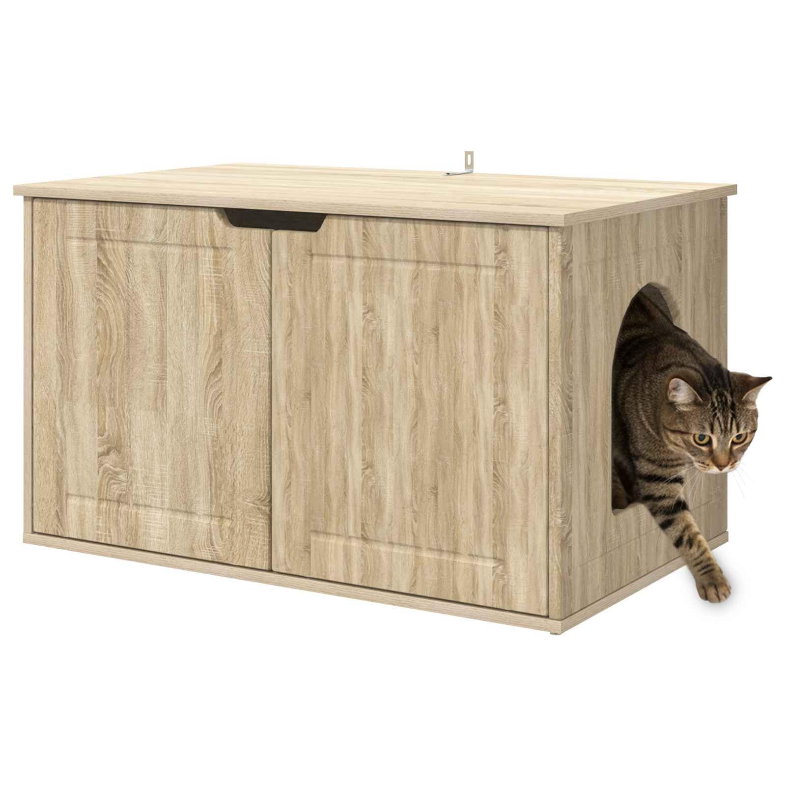 Casa de gato moderna de madera en forma rectangular delgada para sala de estar y esquinas, incluye accesorios de montaje para fácil montaje, estructura robusta