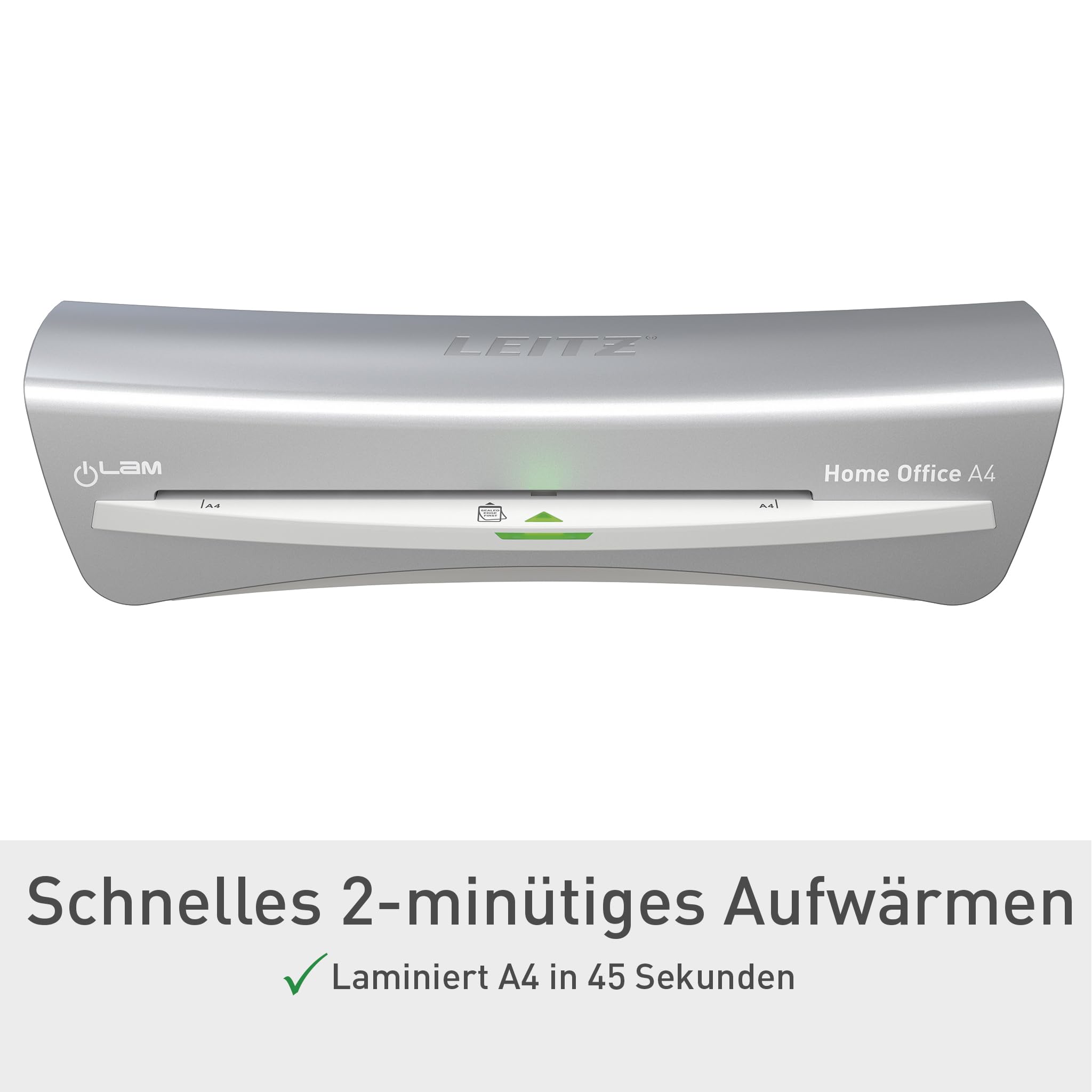Leitz iLAM A4 Laminiergerät, sehr kurze Aufwärmzeit von 2 Min, 75-125 mic, Smart LED Status, Anti-Stau, Auto-Abschaltung, inkl 5x A4-Laminierfolien, Für Home Office und Büro, Silber und Weiß, 73680089