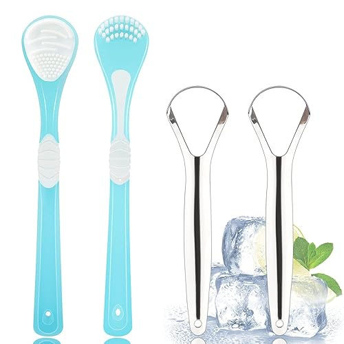 Raspadores de lengua 4 unidades limpiadores de lengua 2 piezas de acero inoxidable 2 piezas de silicona suave 2 en 1 reduce el mal aliento grado