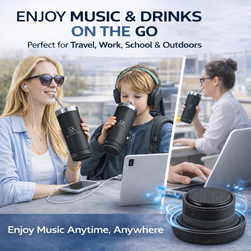 20oz Stainless Steel Bluetooth Tumbler with Lid – Insulated Tumblers for Hot & Cold Drinks, Heavy-duty Travel Coffee Mug with Detachable Bluetooth Speaker (Black) image 4