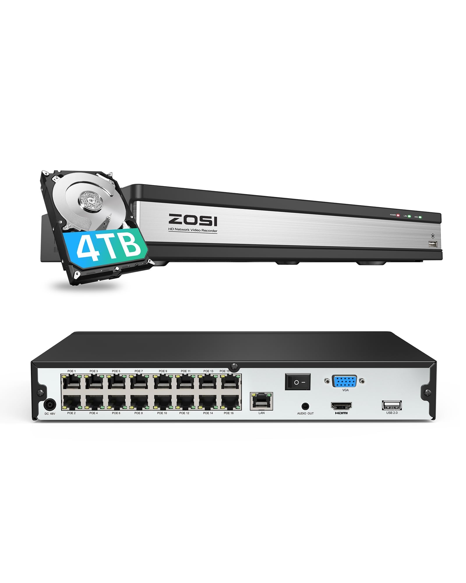 ZOSI 16CH PoE NVR con disco rigido da 4TB Registratore di videosorveglianza per telecamera IP PoE 2MP 5MP 8MP 4K (funziona solo con le telecamere ZOSI)