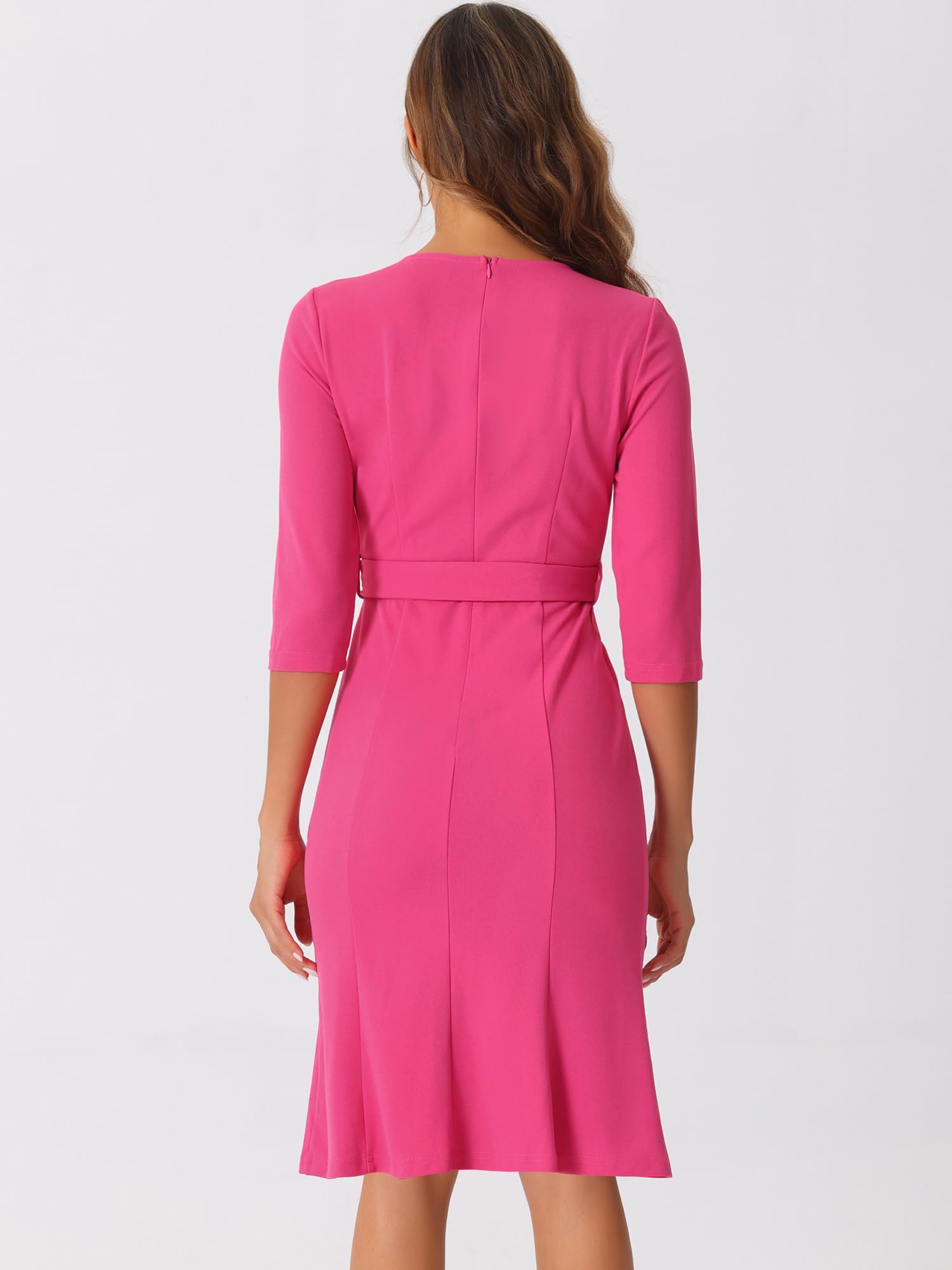 Allegra K Elegante Vestido de Tubo para Mujer, Cuello Redondo, Manga 3/4, Abertura en la Oficina, Vestidos de lápiz con cinturón