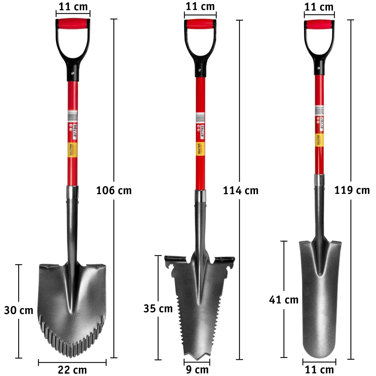 WALTER Spezialspaten-Set 3-TLG. - Kombispaten, Drainagespaten und Wurzelspaten - Robuster Glasfaserstiel, Antirutschgriff, langlebiger Kohlenstoffstahl