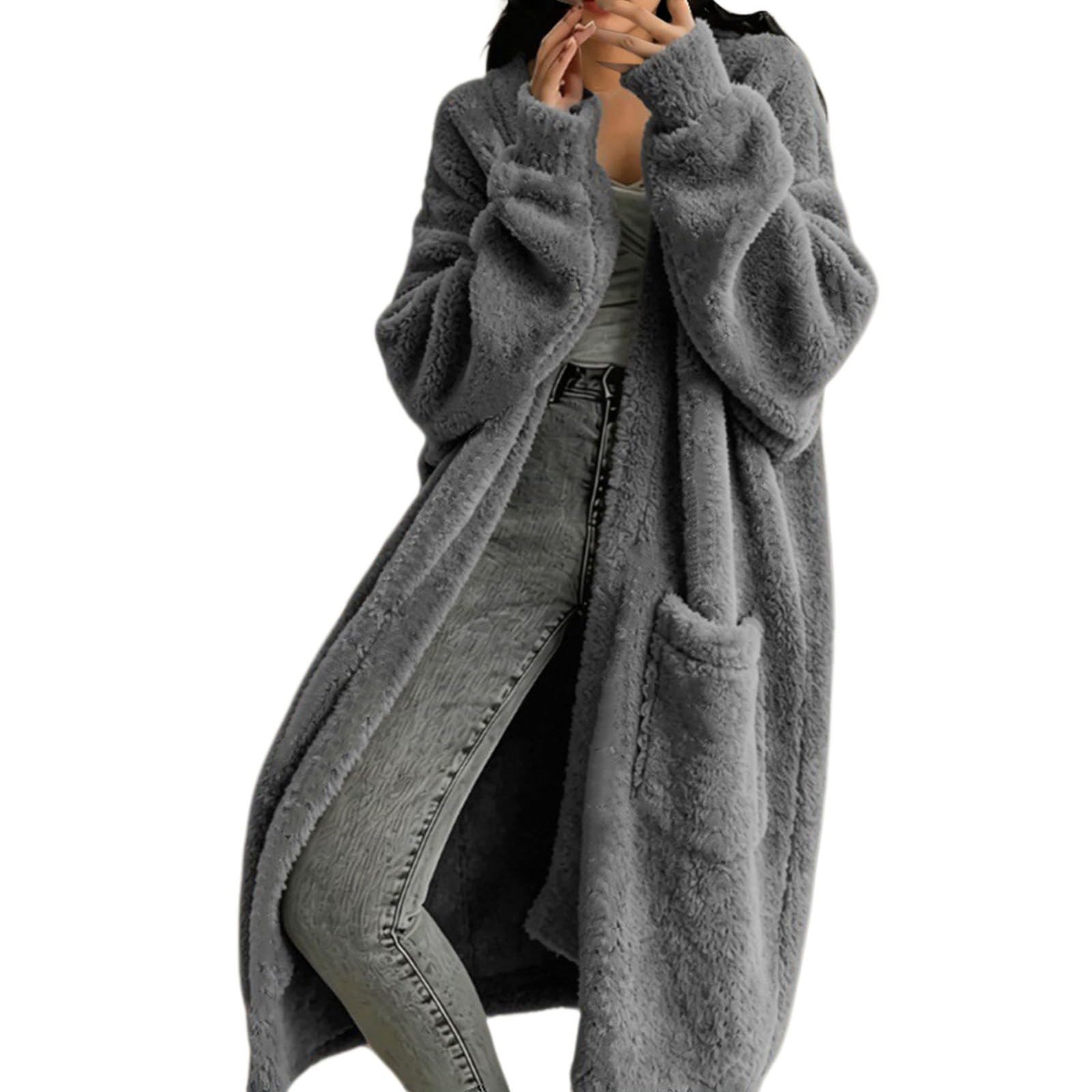 Damen Teddyfell Cardigan Mantel, Lang, Offene Front