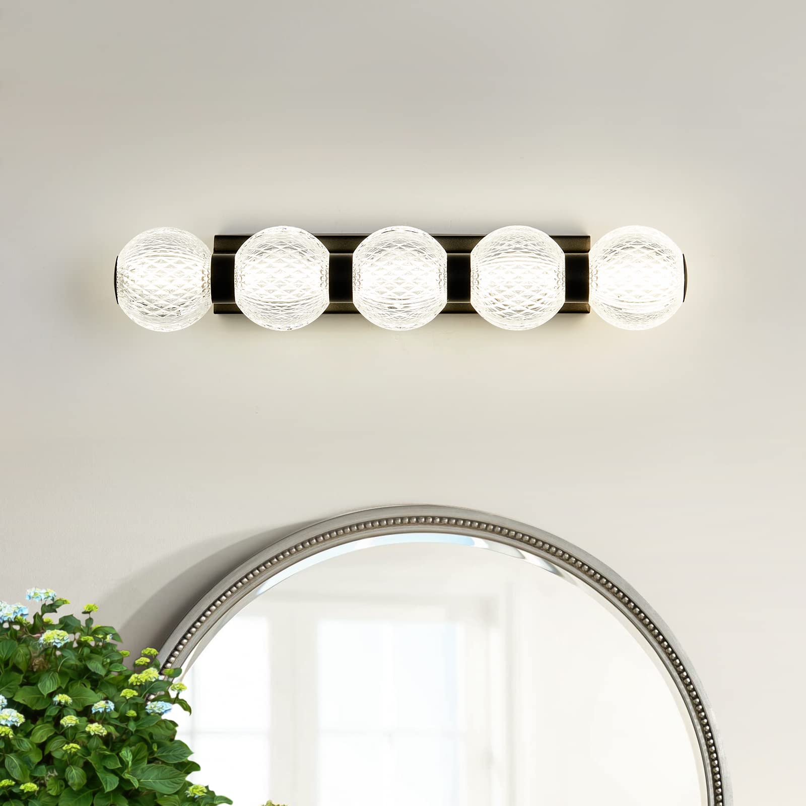 OQIZUEY 5 Lights LED Bathroom Vanity Lights Over Mirror Mid Century Modern Bubble Acrylic Crystal Wall Sconce Light Fixtures 10W for Hallway Restroom Porch (Matte Black)