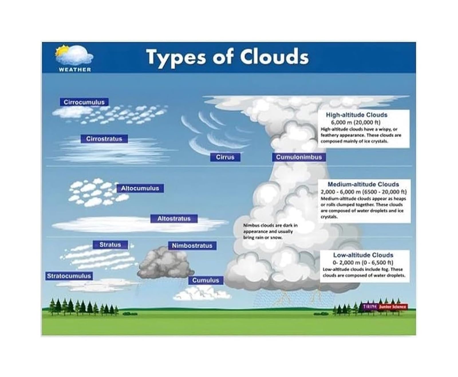 MDBJTCYZN Cloud Identification Chart Weather Learning Poster Science Classroom Decor Homeschool Wall-Art for
