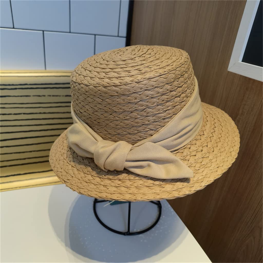Strandhut, Hüte für Damen, flach, für Kinder, Babys, Mädchen, Kind, Schleife, süß, Sommer, Outdoor, Kinder, Sonnenhut, Khaki-Hüte (Farbe: Natur, Größe: 52–54 cm (Kinder)) (Beige 52)