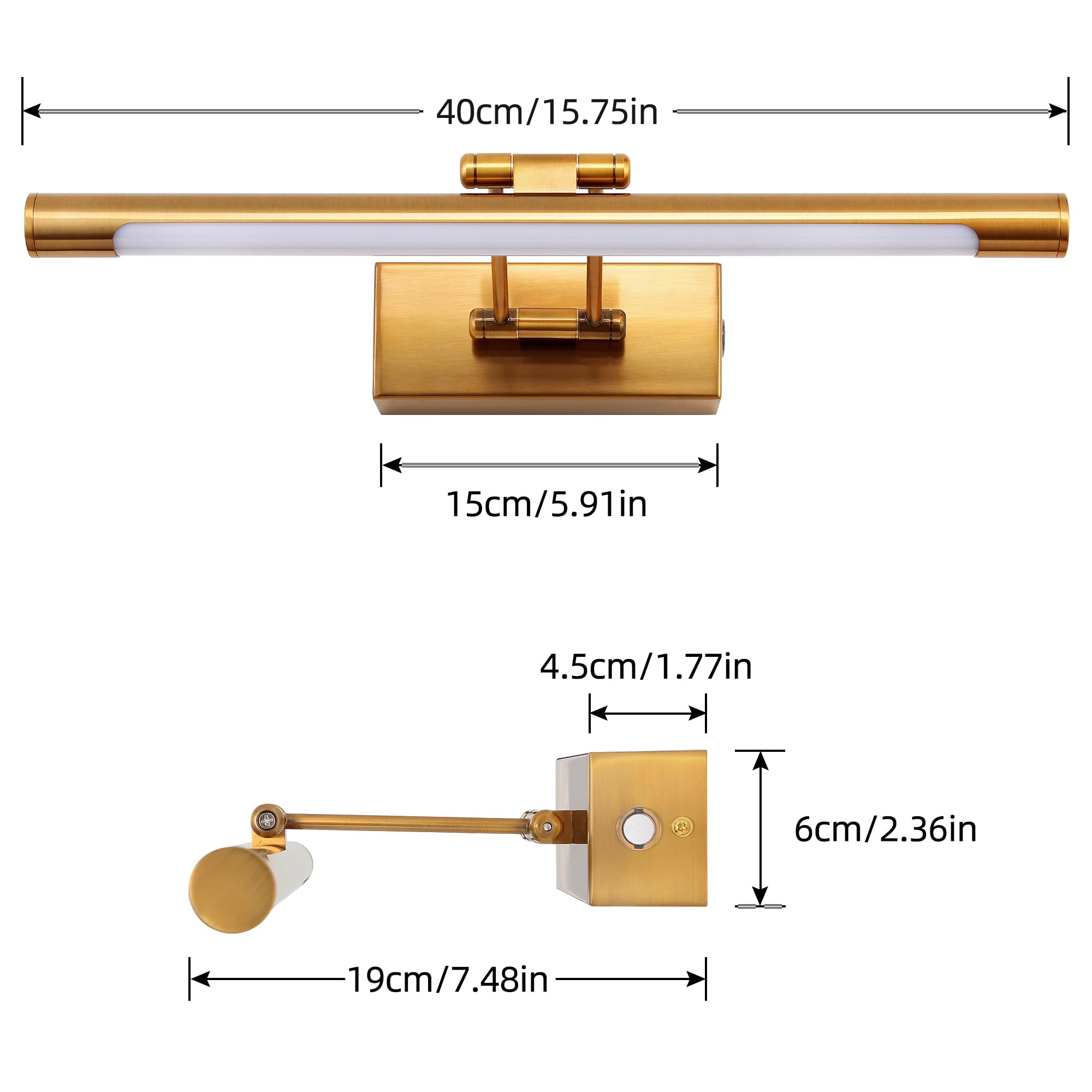 Applique Murale Salle de Bain Lampe à Miroir LED 40cm Interrupteur à Tirette 3000K Tête Pivotante pour Tableau Lampe Murale Mordern Dimmable Interieur 8W IP44