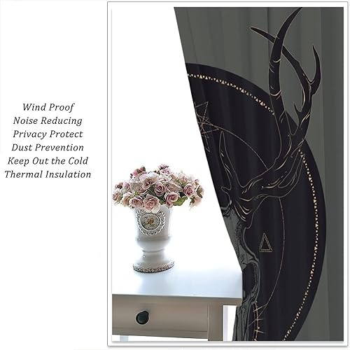 Vista 498 de Cortinas de cabeza de cabra, misteriosa cabeza de cabra malvada, calavera negra, bolsillo para barra, cortinas opacas para ventana, juego de 2