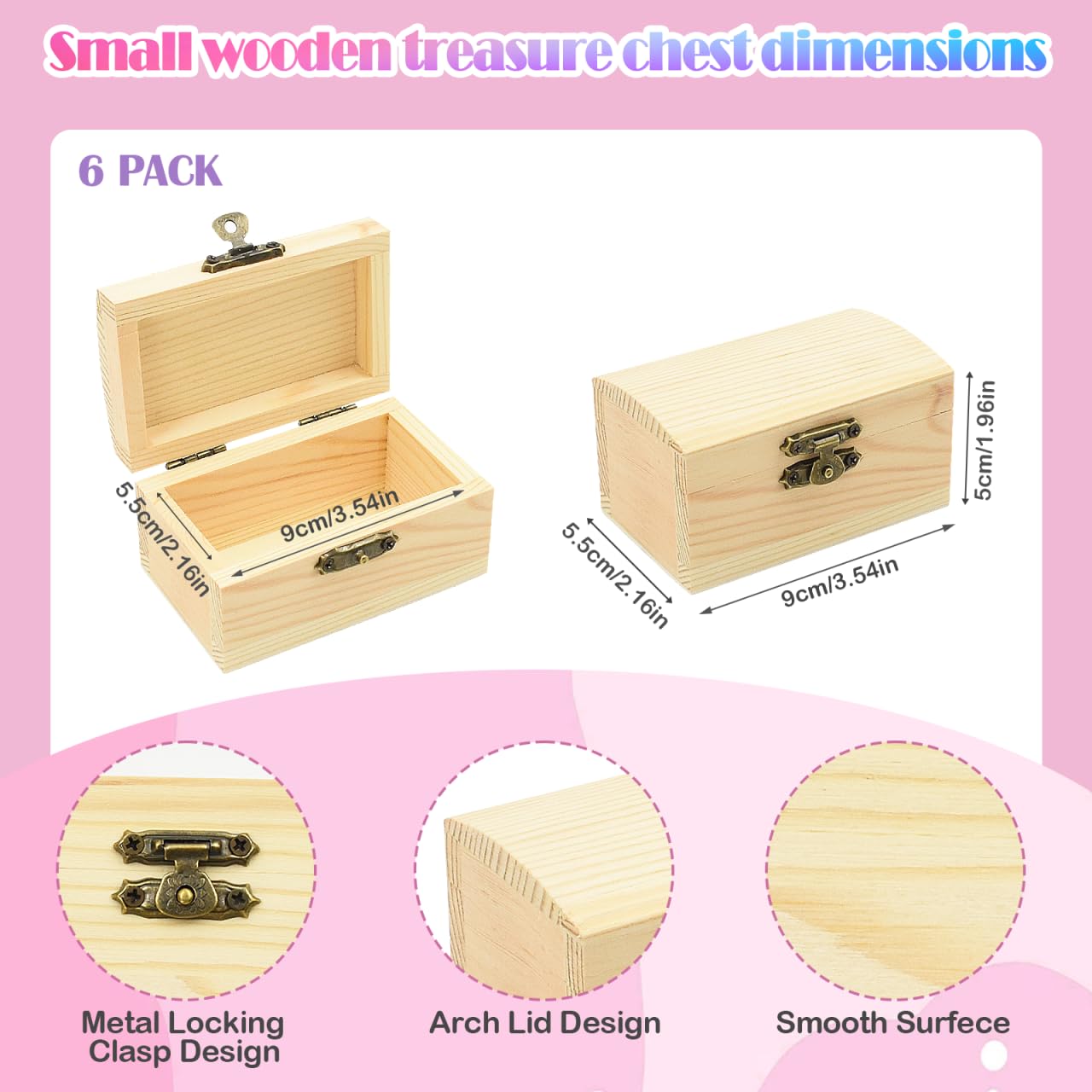 Petite Boite en Bois - 6 Mini Coffres au Trésor Non Finis avec Couvercles, Mini Cadeau Anniversaire Enfant, Boite Decorative pour Objets d'artisanat à Peindre-9 x 5,5 x 5 cm (2.6p-arch)