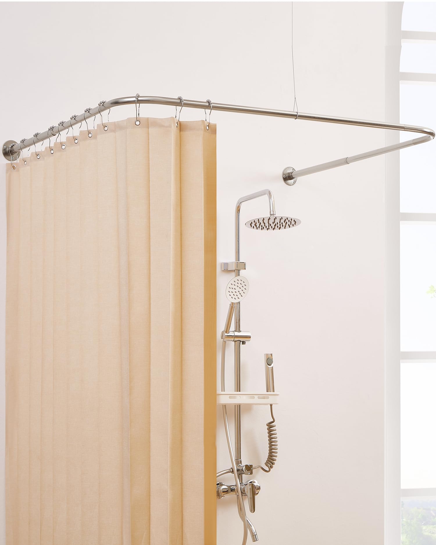 Bastone Tenda Doccia a Forma di U, [Entrambi i lati: 60 cm - 132 cm, Medio: 76,2 cm - 116,8 cm] Barra Doccia Angolare Regolabile per il Bagno con 12 Ganci e Supporto per Soffitto