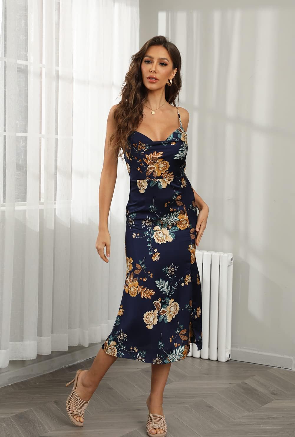 Tsher Women's Sleeveless Spaghetti Strap Satin Wedding Guest Party Dress Cowl Neck Backless Midi Formal Dresses - Image 5