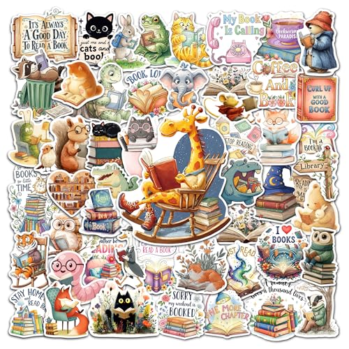 HIZILY 50 Pcs Book Stickers Animal Bookish Sticker Pack Literary Reading Waterproof Vinyl Decals Laptop Journal Water Bottles Scrapbook Phone Case Ebook Readers Gifts for Women Men Students