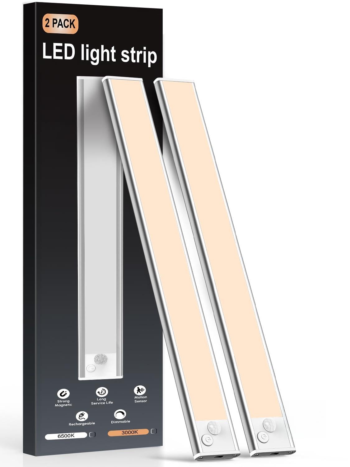 Luces LED de cocina para debajo del gabinete, luces con sensor de movimiento para interiores, luz de armario recargable de 3000 K, 2500 mAh, tira magnética inalámbrica alimentada por USB, luz para