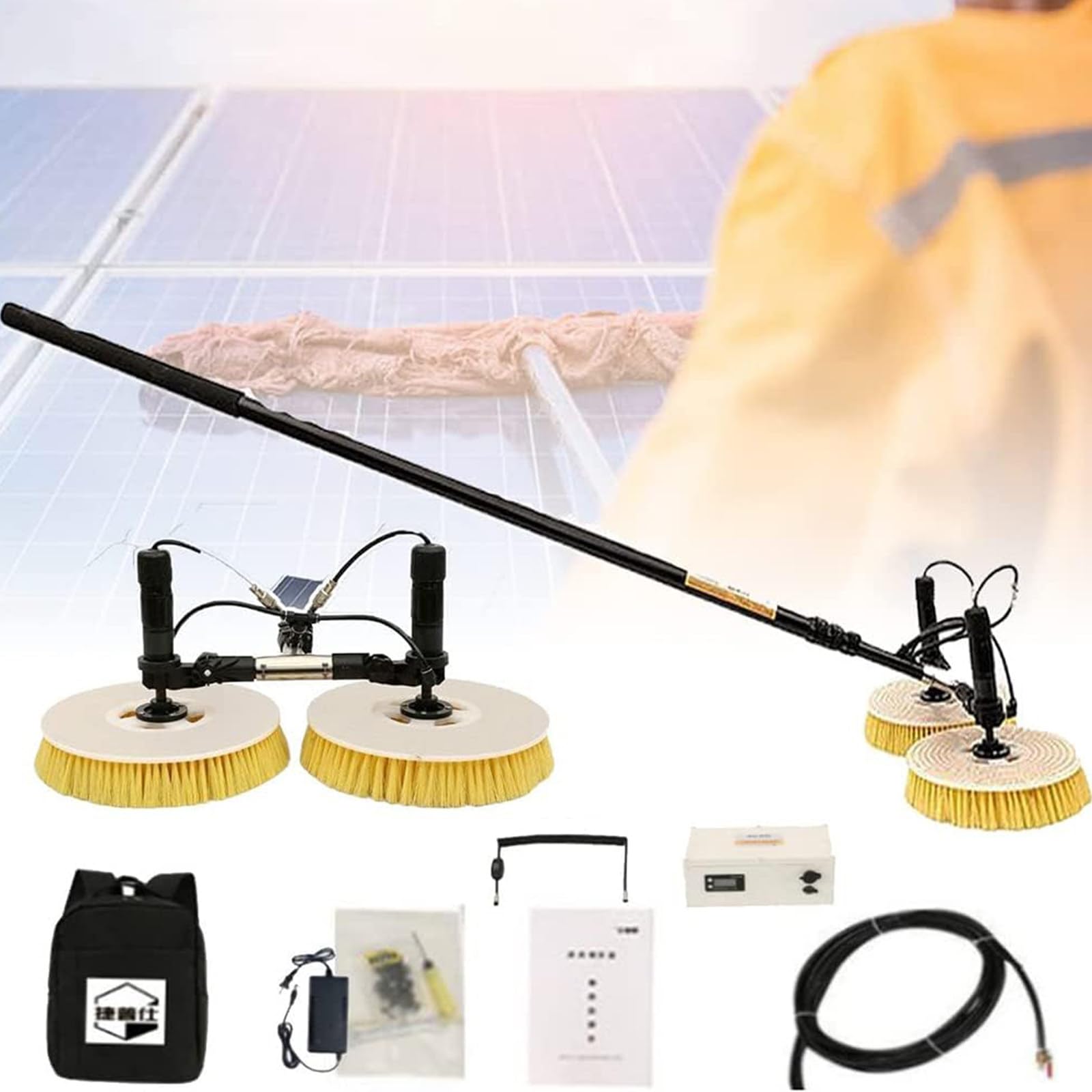 GTHTUHFD Solar Panel Electric Cleaning Tool, House Water Fed Pole Kit, Photovoltaic Panel Electric Cleaning Equipment Brush, 2 Round Brushes,3.5m