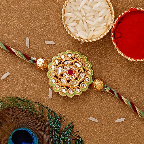 Image of eCraftIndia Green Yellow Red Beautiful Flower Kundan Designer Rakhi for Brother | Raksha Bandhan Rakhi for Bhai Bhaiya