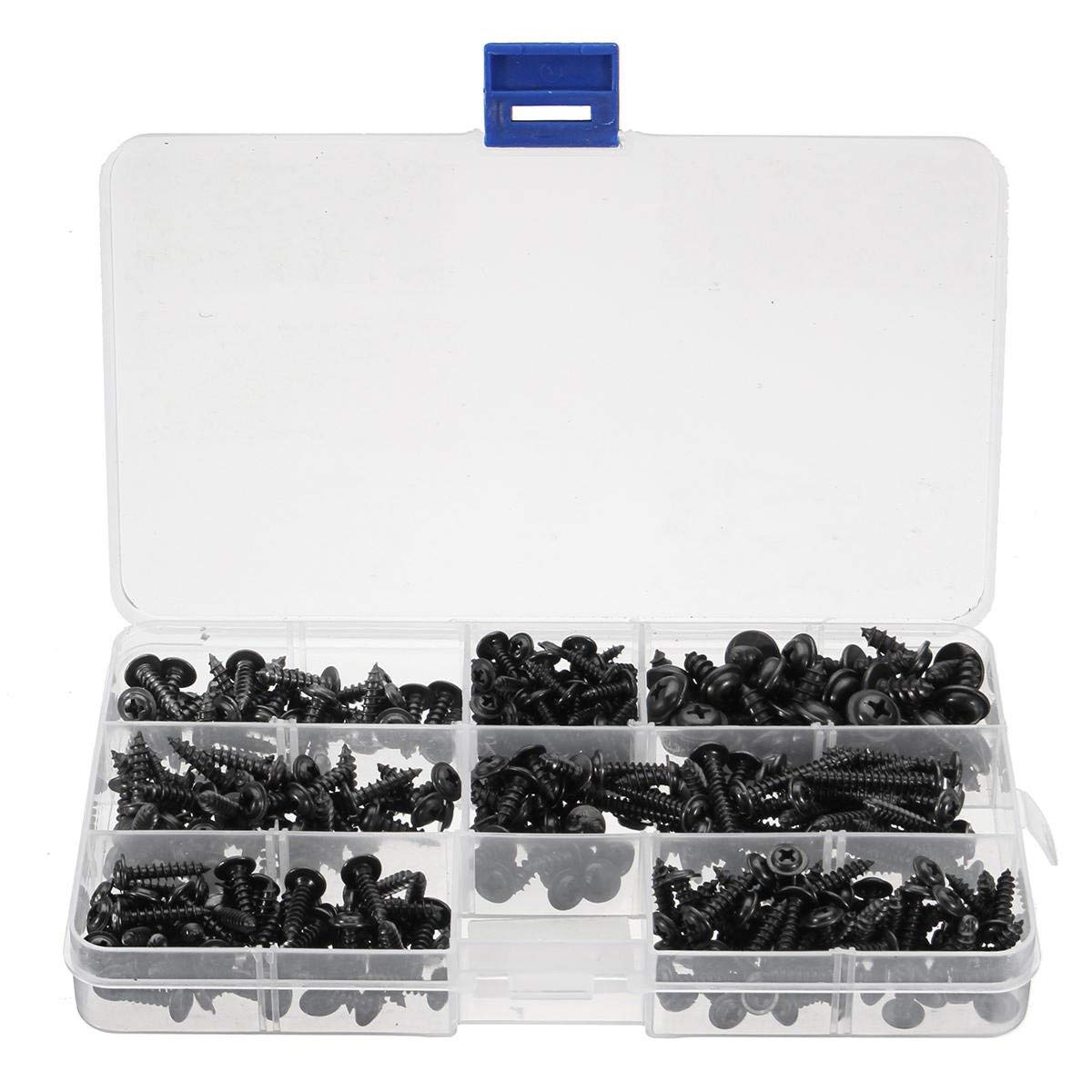 340Pcs Carbon Steel Wafer Head Flange Self Tapping Screws Black Cross Head Self-Drilling Screw Bolt Assortment Kit