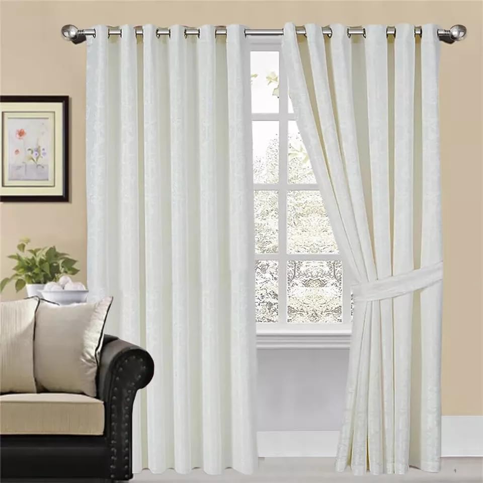 Online Bedding Jacquard Curtains For Bedroom - Fully Lined Eyelet Ring Top With Pair Tieback - Energy Saving lightweight curtains (White, 90″x 72″ (228cm x 183cm)) — image 1