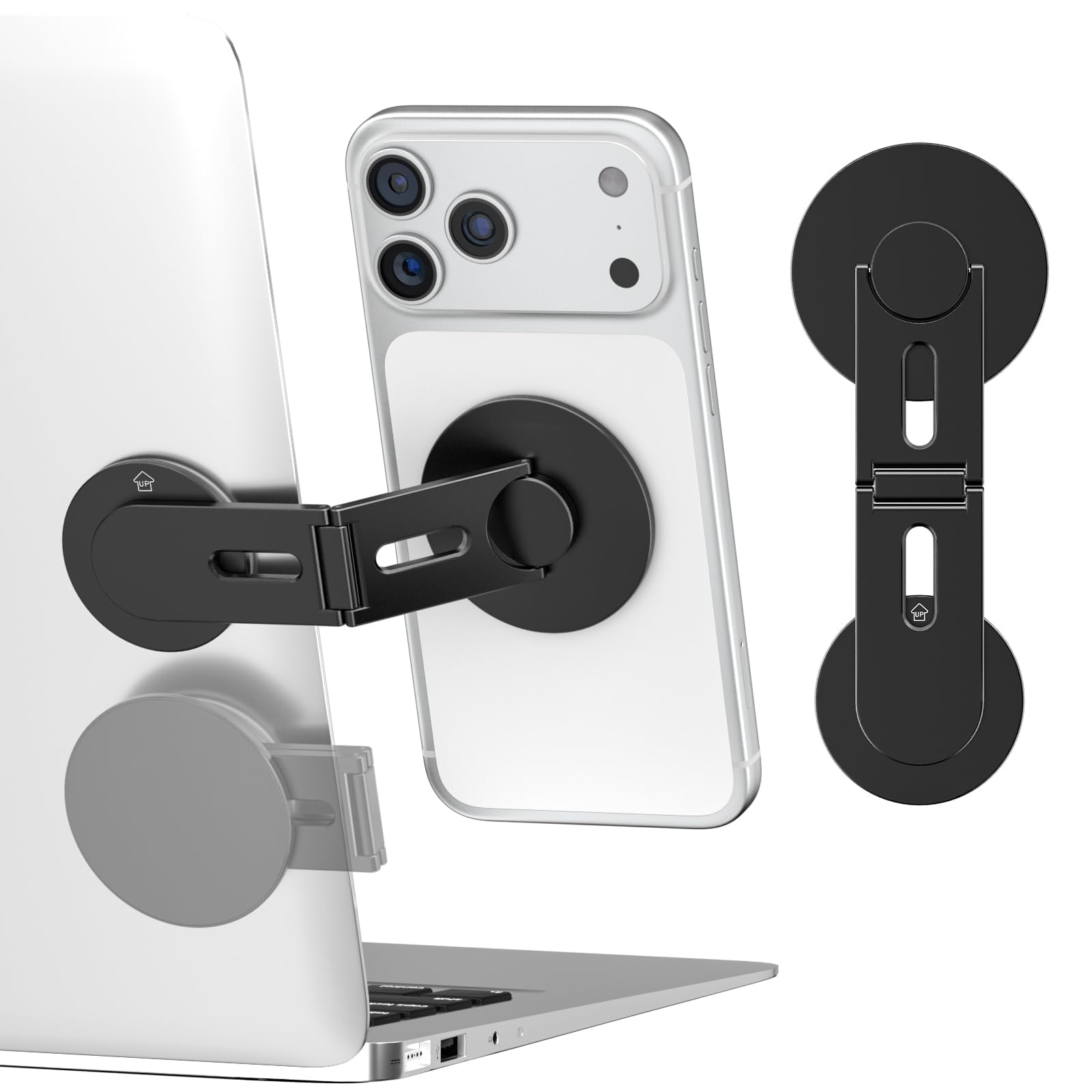 CloudValley Magnetic Laptop Phone Holder, 360° Rotating Mount Compatible with iPhone MagSafe and All Phones, MacBook, PC Monitor, Screen Stand for Tesla, Portable Accessory (Black)