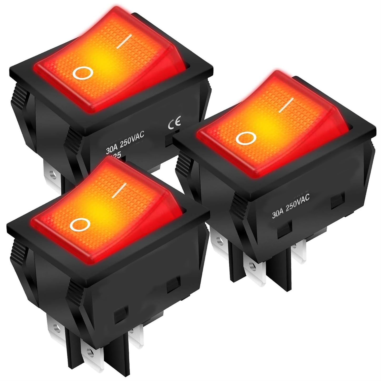 THE WHITE SHOP3Pcs 30A 250V KCD4 Rocker Switch 4 Pin Red Lighted Rocker Toggle Switch ON Off,2 Position On/Off Red Bulb Light Illuminated Boat Rocker Switch