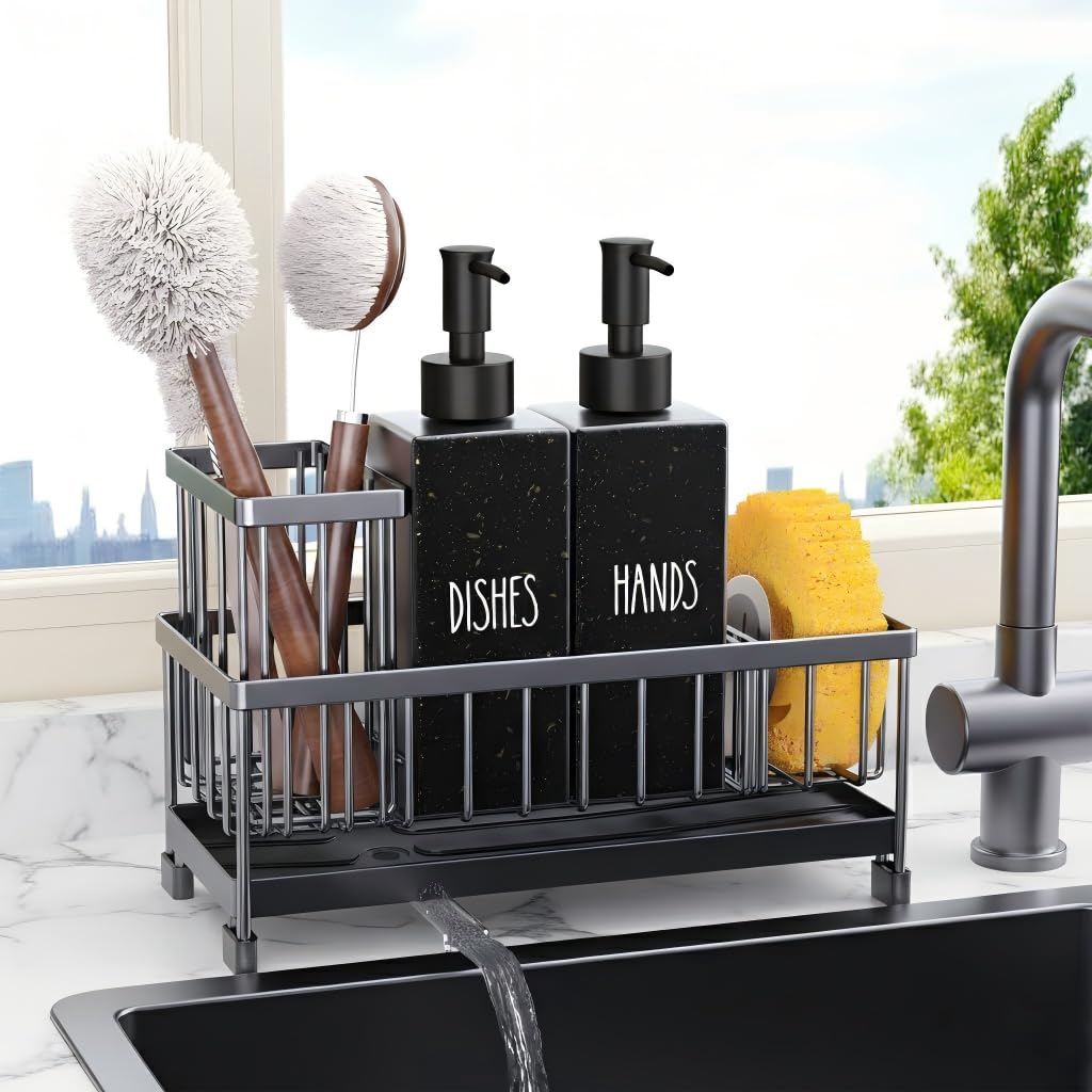 Photo 1 of ***MISSING ONE DISPENSER*****Cisily Kitchen Soap Dispenser Set with Sink Caddy, Glass Bottle, Hand and Dish Soap Dispenser Set with Sponge Holder (Black Square Bottle + Black Sponge Holder)