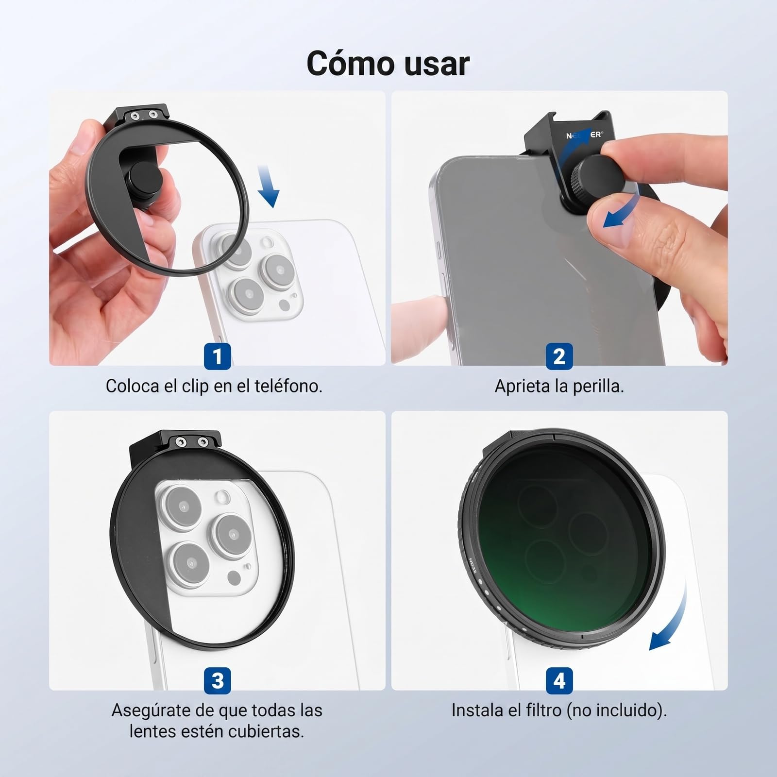 NEEWER 67mm Clip Filtro de Móvil, Abrazadera Filtro Objetivo Montura Zapata Fría, Accesorios Fotografía Celular Compatible con iPhone 17 Pro MAX 16 Pro MAX Air 17e 16e Android Samsung S26 Ultra,LA009