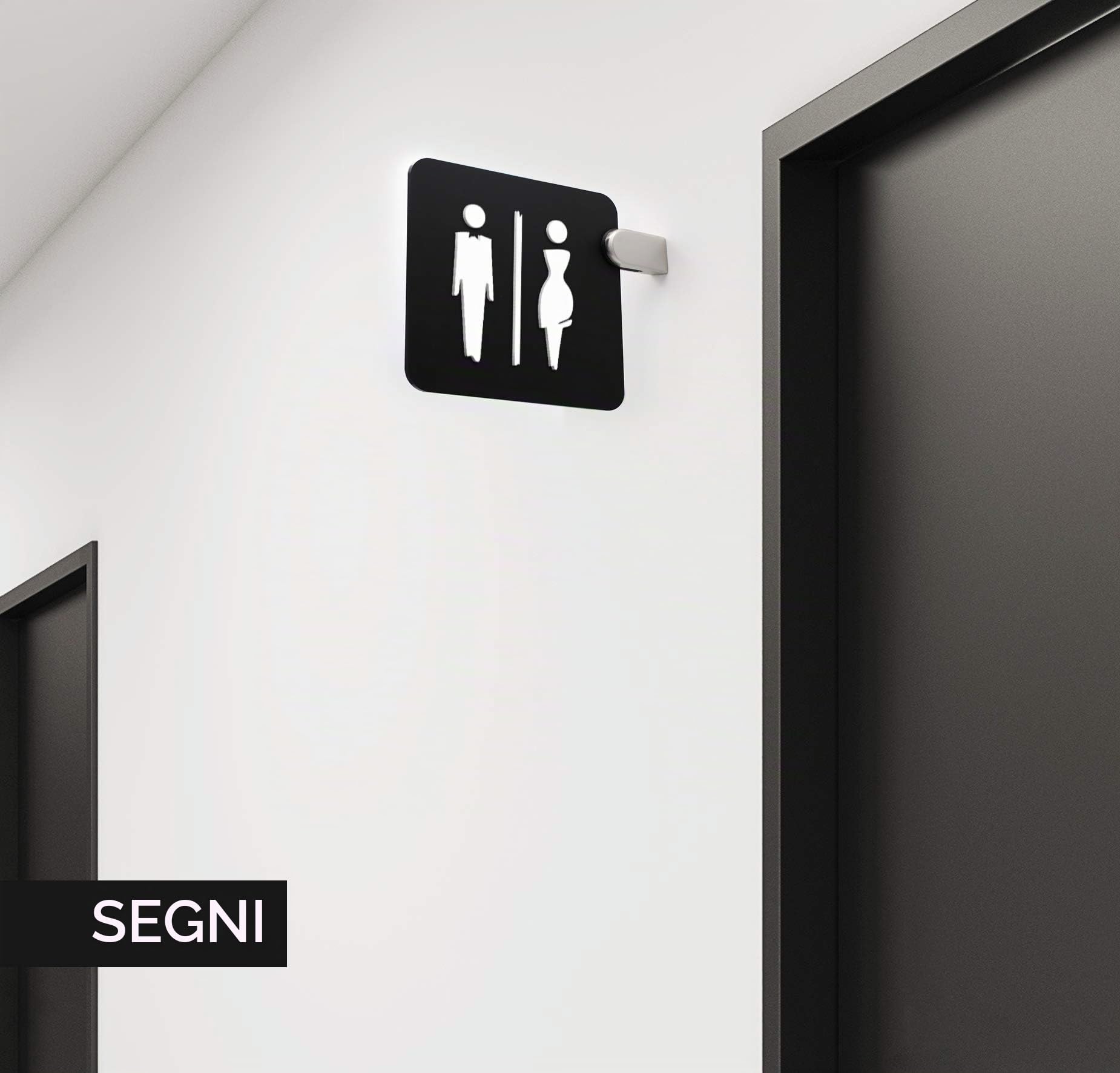 Signs - Segnale bifacciale a bandiera Nero, a rilievo - Bagno Uomo Donna, restroom, toilette, WC. Cartello sporgente per corridoio e ambienti. (Elegant Nero - Uomo,Donna)
