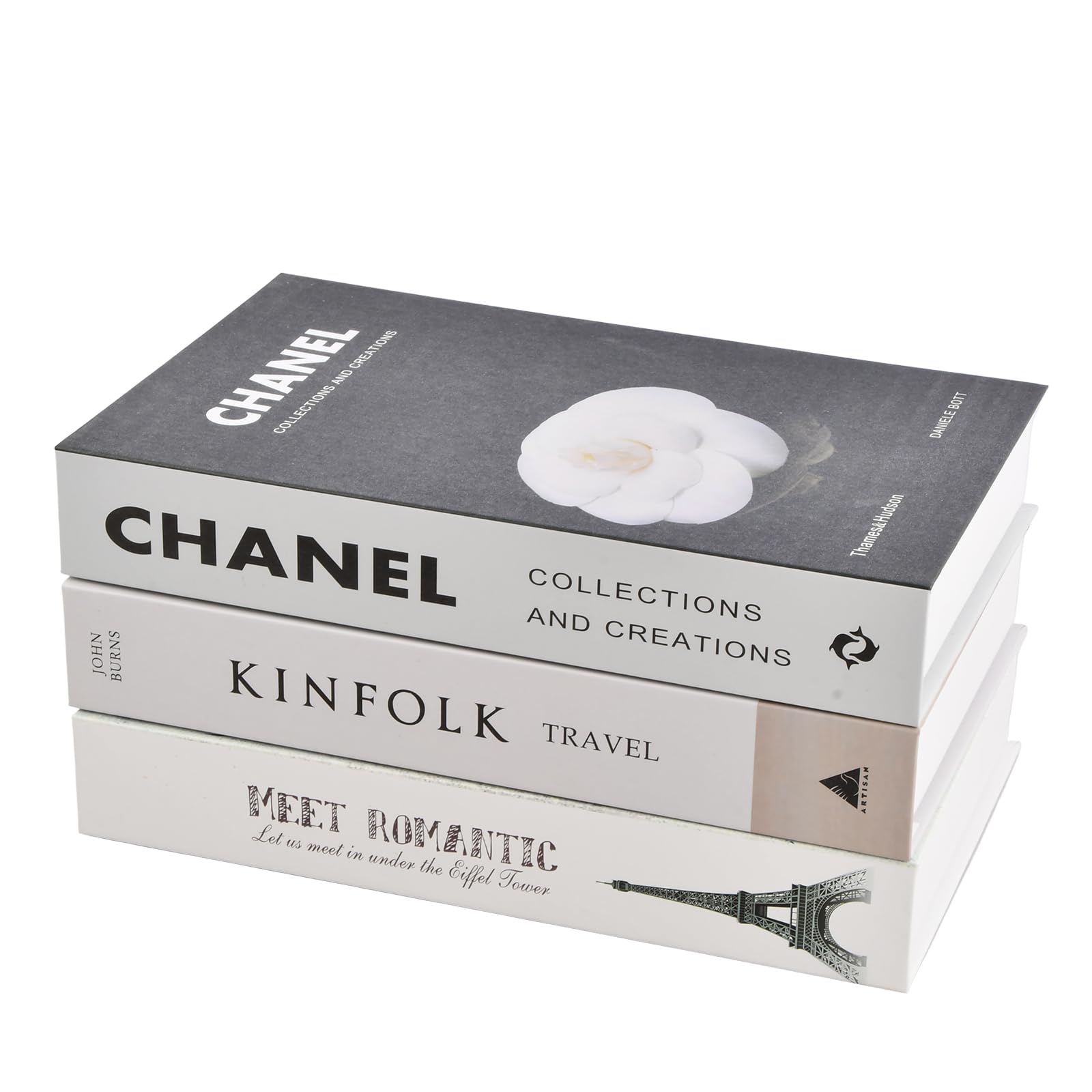 HoaaiGo Magnetic Decorative Fake Books, 3 PCS Fashion Book Box Set, Stacked Hardcover Faux, Black White Display with Storage