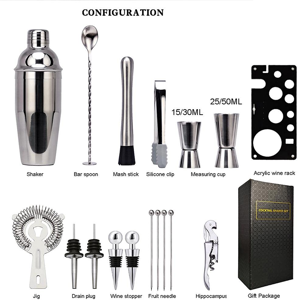 Shaker à Cocktail, 17 pièces Cocktail Set Bar Kit Bar Tool Set, Shaker Cocktail en Acier Inoxydable, Idéal pour Les Familles, Les Fêtes, Recettes Exclusives