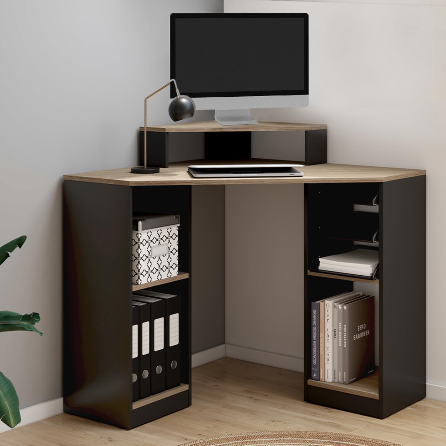 IDMarket - Bureau d'angle Harry Noir et façon hêtre Gain de Place Bureau Informatique avec rangements
