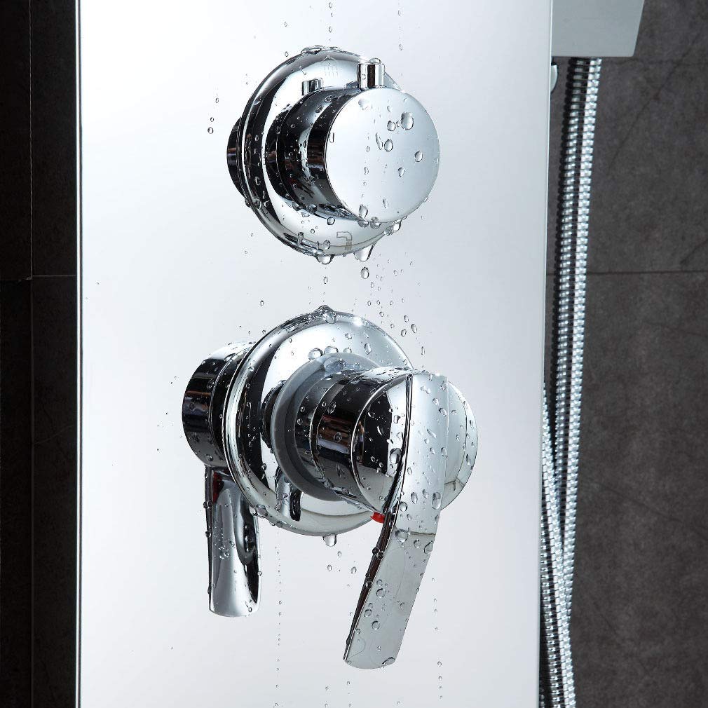 Flyelf Edelstahl-Regen-Dusche, Duschpaneel, Kopfbrause + Handbrause + Duschpaneel-Säulen-Turm-Körper-Jets (Gebürsteter Edelstahl)