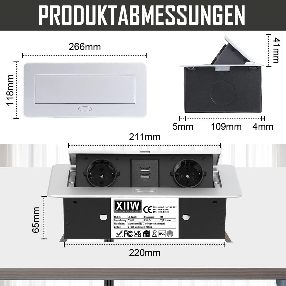 XIIW Ciabatta pop-up da incasso, Multipresa a scomparsa con 2 fori (tipo F) e 2 USB, 3500W/16A, alluminio resistente 750°C, cavo 1,8m per scrivania e piano lavoro, CEE 7/7 presa scrivania - No tipo L