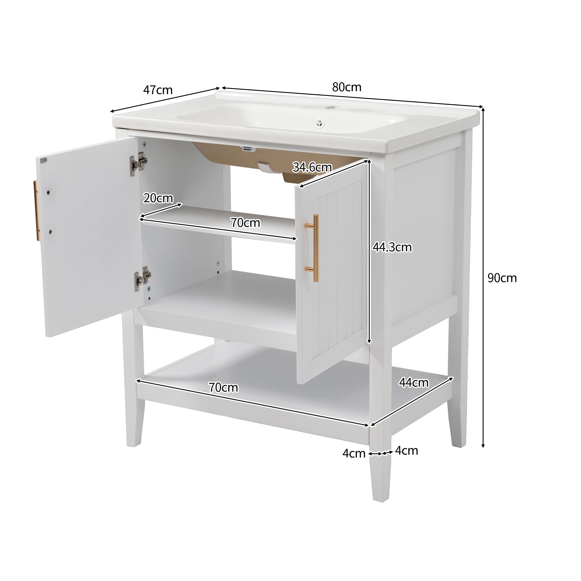 SUKY Mueble de baño individual con armario inferior de 80 cm con lavabo de cerámica, 80 x 47 x 90 cm, MDF, color blanco