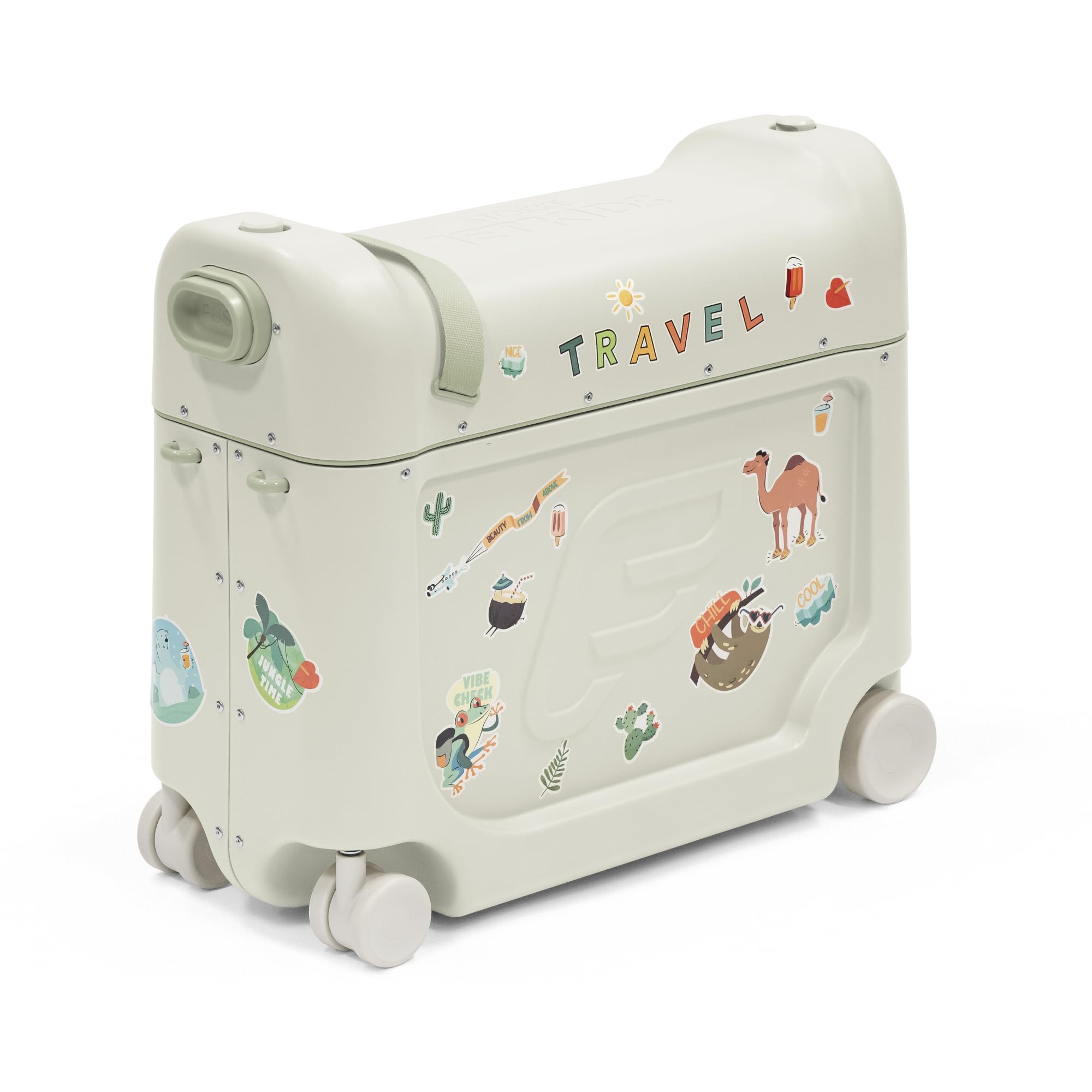 Stokke JetKids BedBox, Sea Green - Ride-On Suitcase for Kids 2-7 Years Old (up to 77 lbs) - Transforms Into Bed - Includes Mattress, Decorative Stickers & Adjustable Carrying Strap