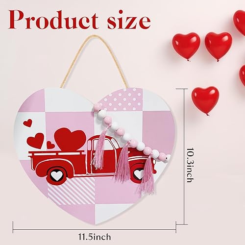 Miniatura 2 de Letrero de madera para puerta de San Valentín de 11.5 x 10.3 pulgadas con cuentas y borlas, letrero colgante de pared a cuadros rosa para boda,