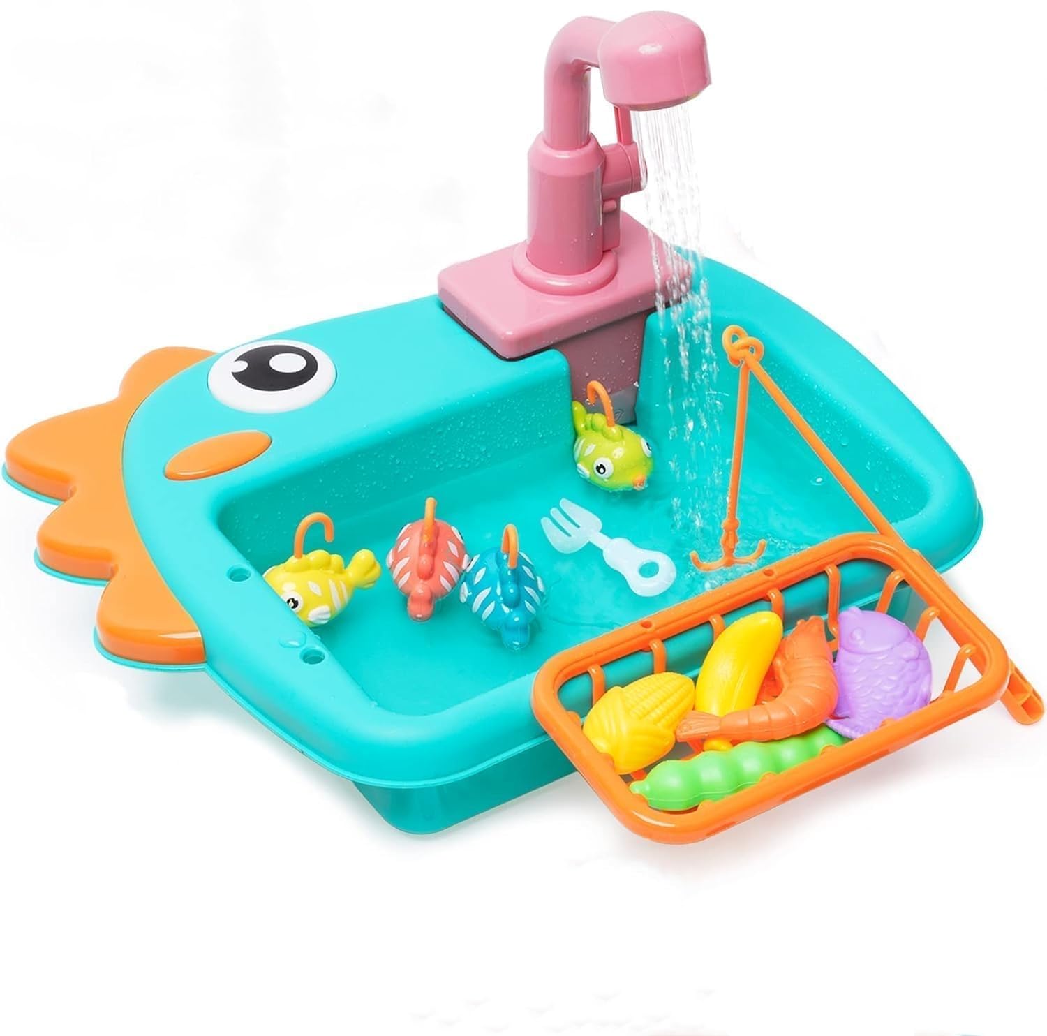 Lavandino Giocattolo con Acqua, Lavello per Bambini, Sistemi Automatici di Circolazione Dell'acquacon, Mini Lavastoviglie con Gioco di Pesca,Giocattoli di Ruolo per Ragazzi Ragazze,Verde