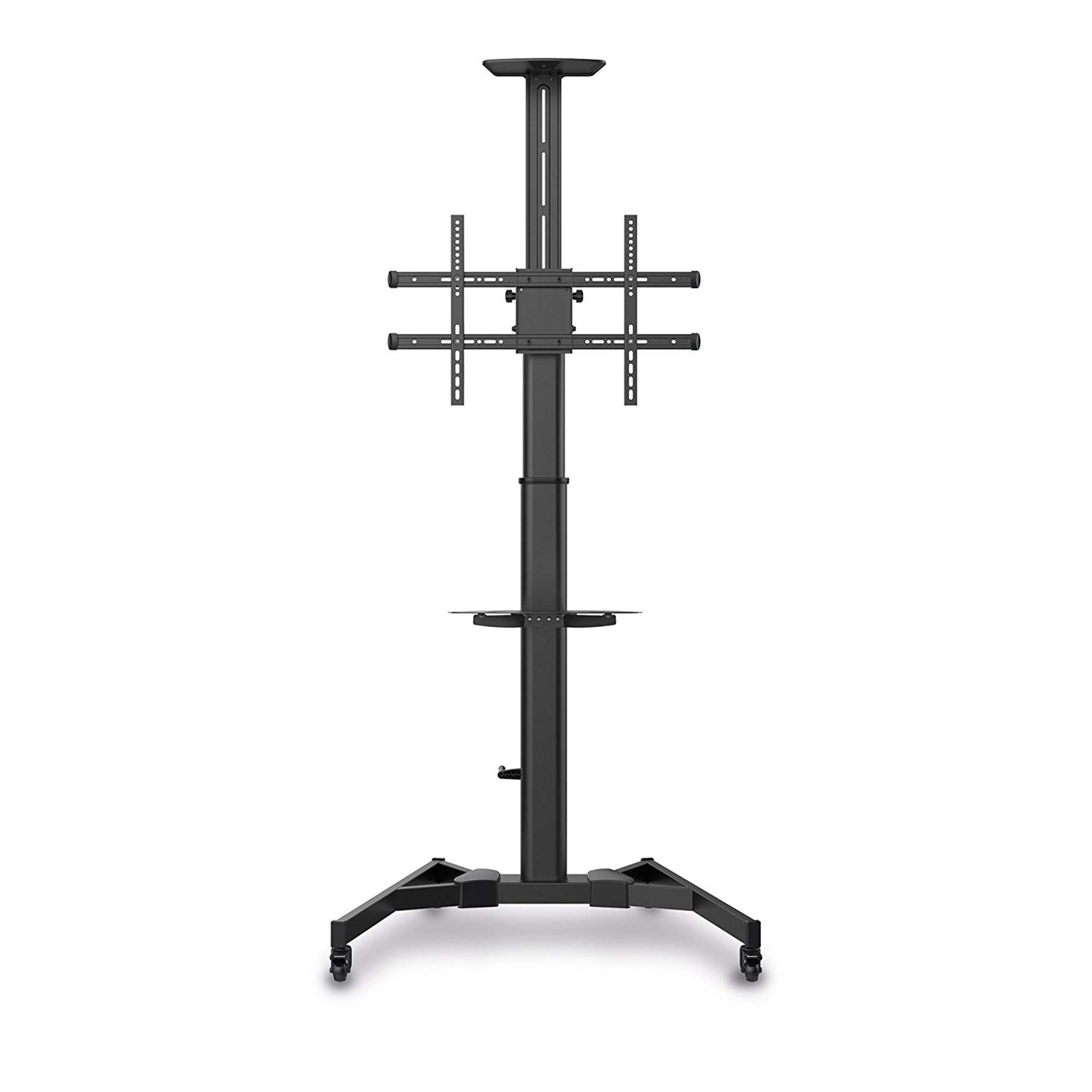 PureMounts TV Standfuß rollbar 37–70 Zoll VESA 600x400 höhenverstellbar | Standfuß mit Kameraablage, Ablageboden, Kabelmanagement, Rollen und neigbarer Halterung für flexible TV-Montage.