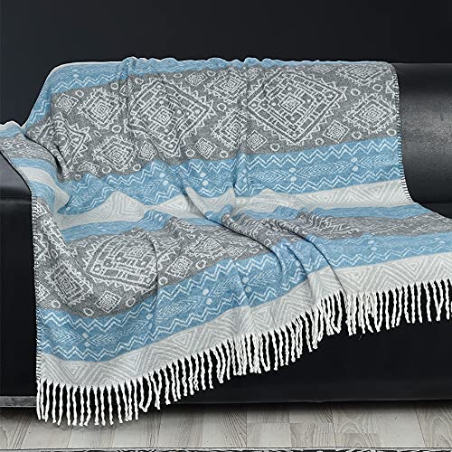 Dekorative, weiche Überwurf-Decken für Sofa, Couch, Bett, leicht, Bauernhaus, Outdoor, Blau mit Quaste, Fransen, bunt, gemustert, groß, Sommer, Übergröße, Damen, Strand, 130 x 180 cm, Blau / Grau Cover