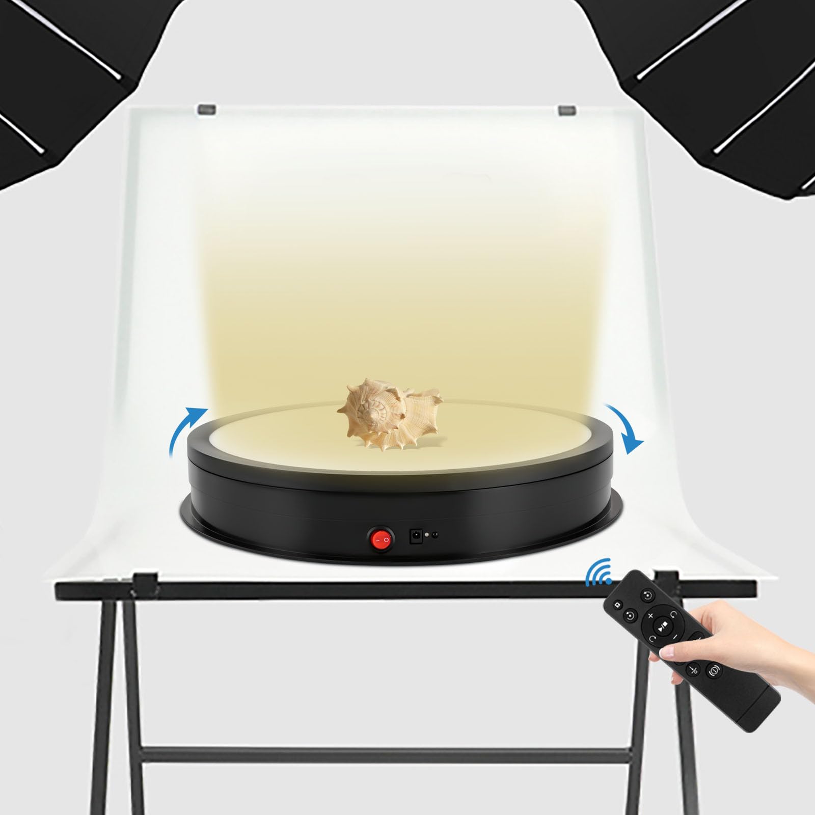 Supporto girevole per presentazione, piatto girevole elettrico girevole a 360°, 42 cm, con telecomando, luce LED per gioielli, dispositivi digitali, presentazione del modello