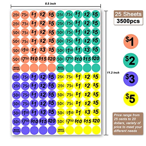 Zacool 3500 Pcs Yard Sale Price Stickers Garage Sale Stickers Flea Market Pricing Stickers Round Bright Colors Label Stickers With Price In Bright Colors,3/4” In Diameter #TOP1