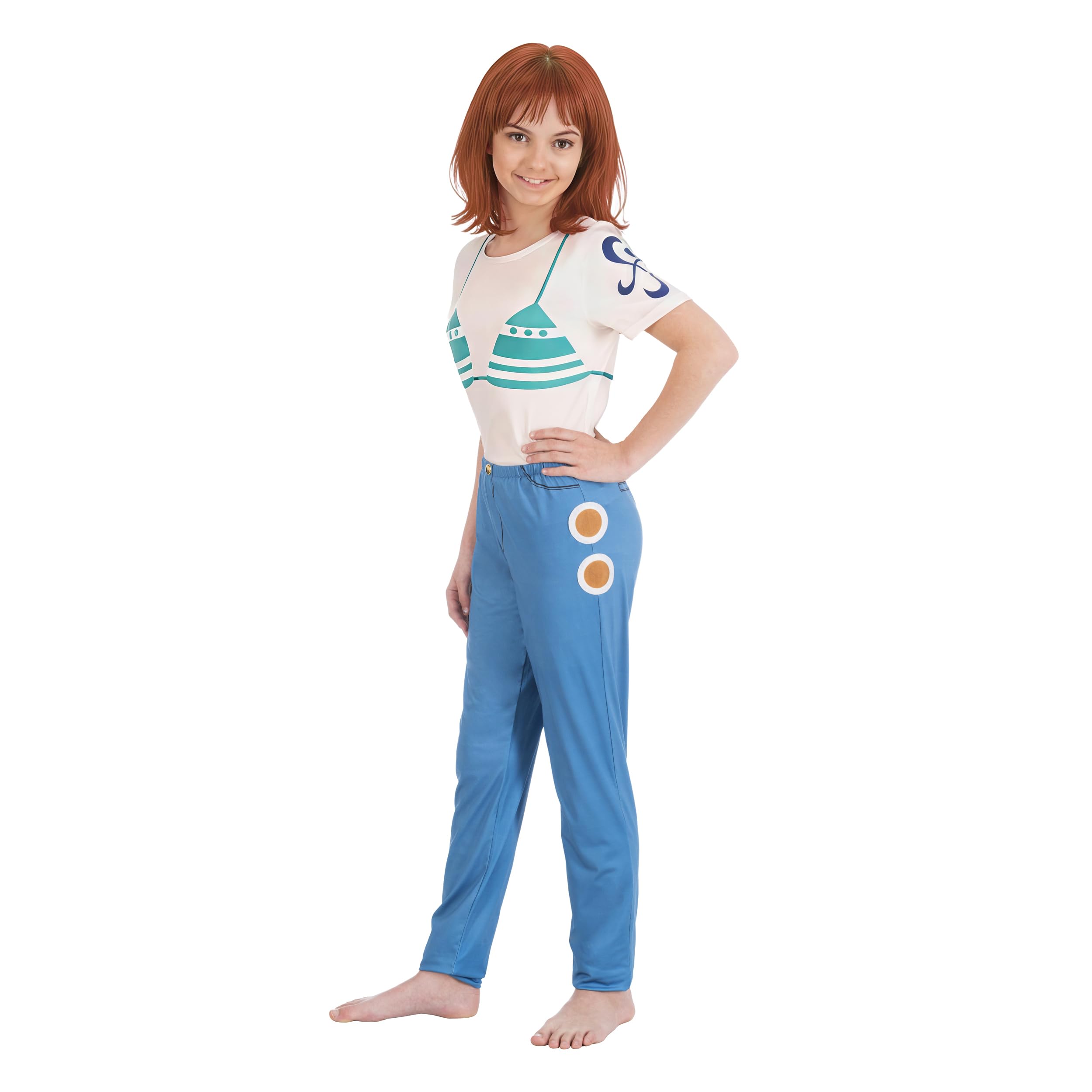Chaks - Girls Nami Costume, Official One Piece Outfit, 2 Piece Anime Set with Shirt and Pants for Carnival and Comic Con