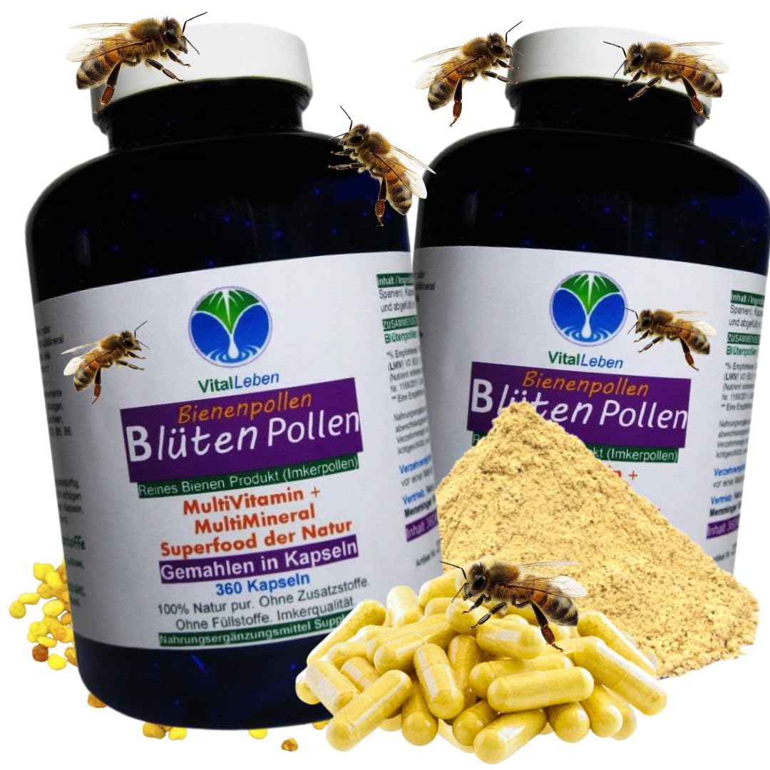 BLÜTENPOLLEN Bienenpollen 720 (2x360) Kapseln SUPERFOOD OHNE ZUSATZSTOFFE natürliche Vitamine, Mineralien, Antioxidantien. Reine Imkerpollen, Imkerqualität. Kalt vermahlen. 100% NATUR pur. 27000-6