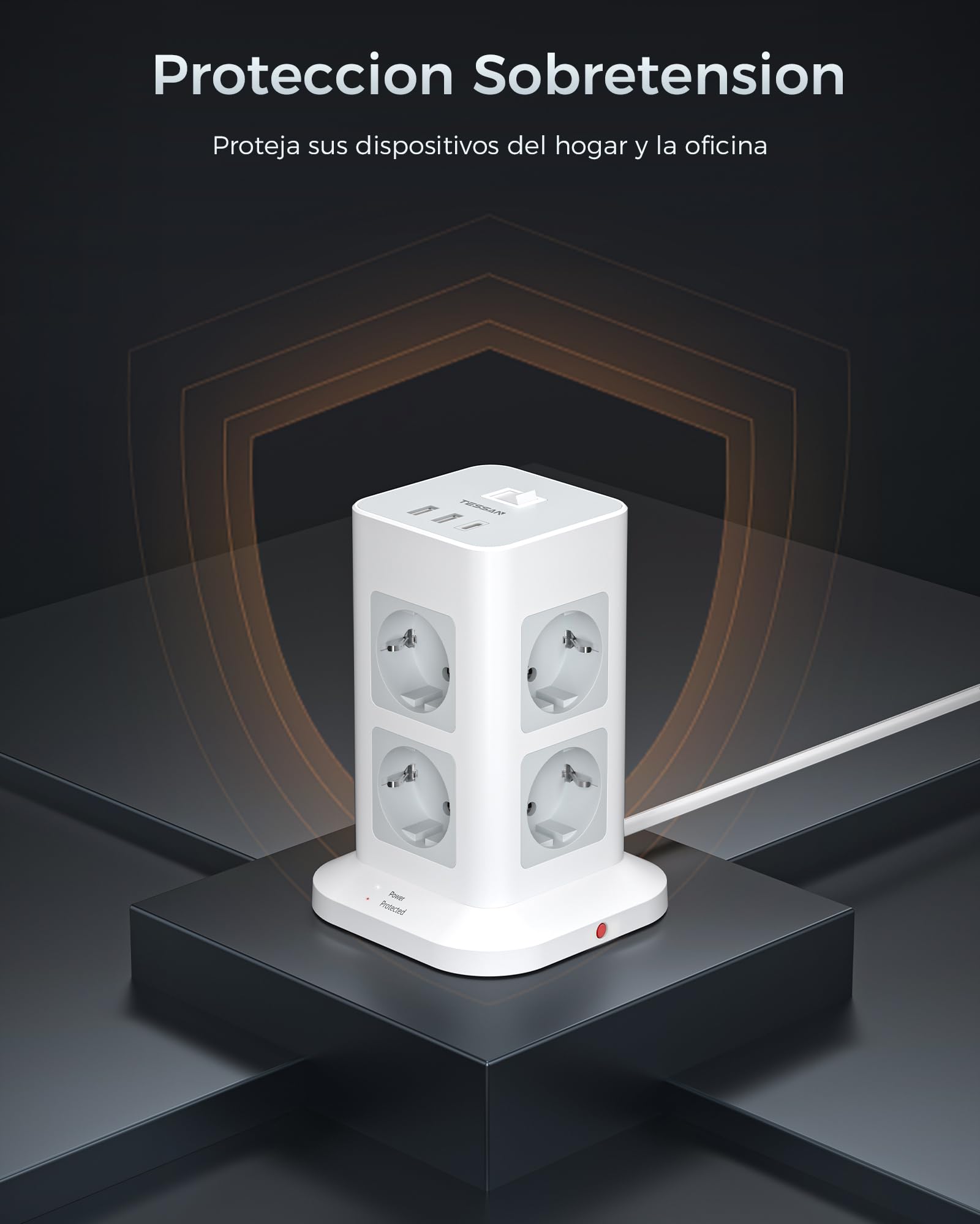 TESSAN Regleta Enchufes 3 Metros con Protección Sobretensione 3600W 16A, Torre Enchufes Vertical con 3USB y 8 Tomas, Regleta Alargador 3 Metros con Interruptor para Mesa, Oficina, Casa, Gris