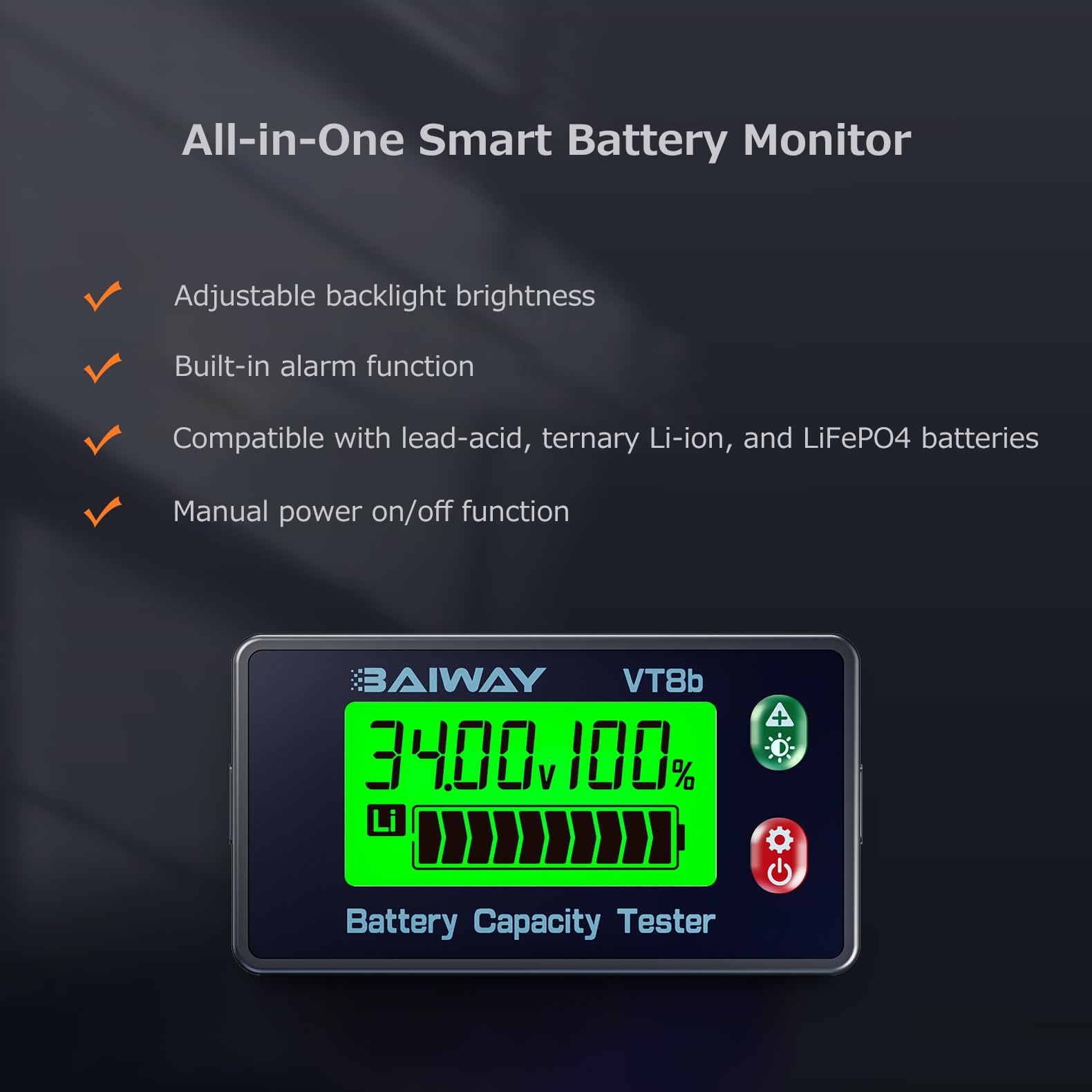 Monitor Batteria 8-120V, Voltmetro Digitale e Indicatore di Capacità Percentuale ±1%, Display LCD Retroilluminato con Allarme 110dB, Tester per Litio, LiFePO4, Piombo per Camper, Auto, Moto e Barca